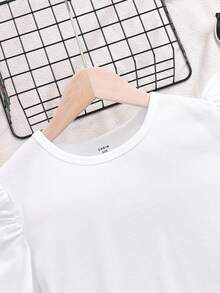 SHEIN 女童純色泡泡袖上衣+pu皮裙 - 黑與白 - 查看 7