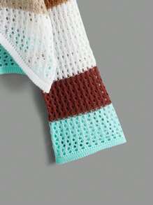 SHEIN Áo khoác cardigan dệt kim phối màu dành cho bé gái tuổi teen, thiết kế khoét rỗng và cài một nút. - Nhiều màu - Xem 3