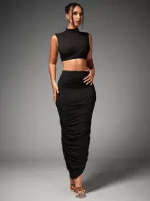 SHEIN BAE Conjunto De Dos Piezas Para Mujer: Chaleco Corto De Cuello Alto Y Falda Plisada - Negro - Ver 6
