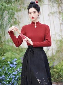 Slim Fit Long Sleeve Sweater Top, Suitable As Base Layer For Hanfu Chinese Traditional Wear, Fall/Winter - Red - View 4