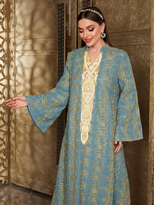 Al Najma 女士缺口领喇叭袖晚间 Jalabiya 连衣裙，优雅奢华晚会风格