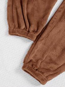 青少年針織純色雙面珊瑚絨t卹+褲子休閒家居服套裝 - 棕色 - 查看 4