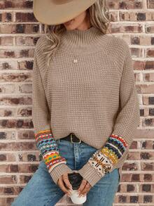 SHEIN LUNE 女士幾何圖案插肩袖毛衣 - 杏色 - 查看 6