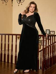 Plus Sweetheart Neck Sequin Insert Velvet Formal Dress - Black - View 6