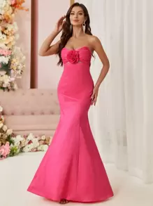 SHEIN Belle Tube Top Shape, Three-Dimensional Flower Details, Fishtail Hem, Women’S Evening Dress (Heavy Industry Version) - Pink - View 3