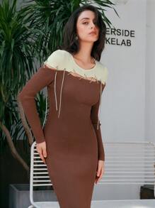 SHEIN Holidaya 女款拼色羅紋針織毛衣洋裝（配領帶） - 紅白色 - 查看 5