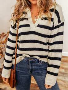條紋拼色v領休閒毛衣 - 卡其色 - 查看 5