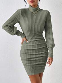 SHEIN Frenchy 女士高領肋紋修身連衣裙 - 軍綠色 - 查看 1