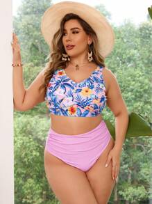 SHEIN Swim Curve 大尺碼女士熱帶植物印花雙件式比基尼套裝 - 彩色 - 查看 5