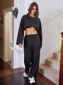 SHEIN Unity Women's Round Neck Drop Shoulder Long Sleeve Top And Pants Set - Black - View 4