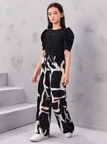SHEIN Combinaison Ample À Jambes Larges À Manches Courtes Casual Ajustée Pour Fille Pré-adolescente, Patchwork À Motif Géométrique