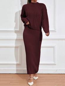 Mulvari Burgundy Red Women's Cable Knit Sweater And Knitted Skirt Two Pieces Set - Burgundy - View 6