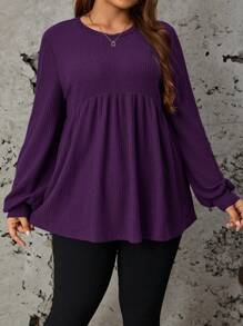 SHEIN LUNE Women's Plus Size Loose Fit Casual Round Neck T-Shirt, Solid Color Fall - Purple - View 4