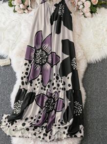 SHEIN LUNE 大尺碼花卉印花露肩拼布連身裙 - 彩色 - 查看 2