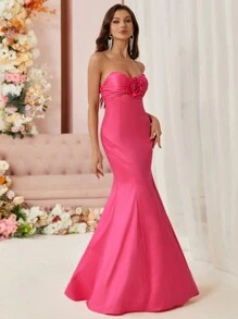 SHEIN Belle Tube Top Shape, Three-Dimensional Flower Details, Fishtail Hem, Women’S Evening Dress (Heavy Industry Version) - Pink - View 4