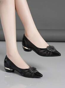 Fall/Winter 2025 Women's Thick Heeled Pointed Toe Pumps With Flower & Rhinestone Mesh Decor, Mid Heel, Elegant - Black - View 4
