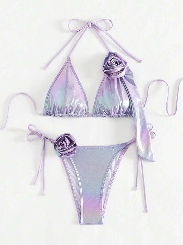 Swim EVENT Women's Shiny Bikini Set With 3d Rose Knot Decoration Summer Beach - Purple - View 6
