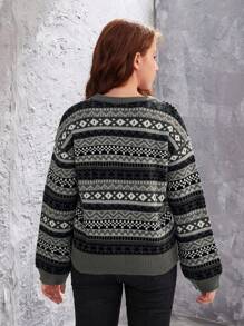 Teenage Girls' Geometric Pattern Long Sleeve Sweater - Dark Grey - View 2