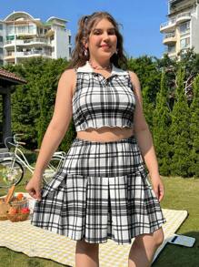 SHEIN MOD Của phụ nữ Kích thước lớn Kẻ sọc Collared Áo vest Và Chân Váy xếp ly Bộ - Nhiều màu - Xem 3