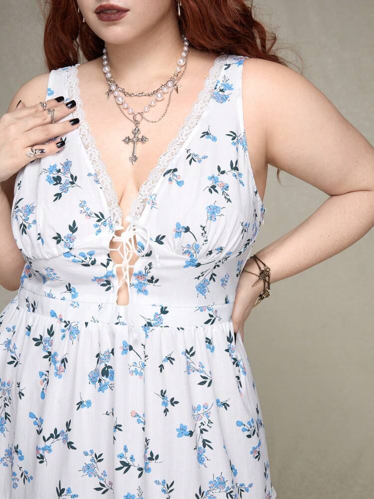 Plus Size Sleeveless Floral Dress With Lace Detail And Tie Front