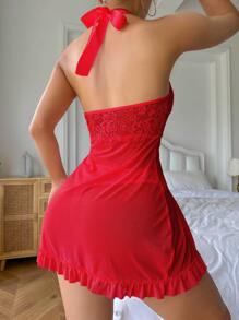 SHEIN Nút thắt phía trước Bảng điều khiển ren Halter Cổ Váy ngủ búp bê gợi cảm - Đỏ - Xem 2