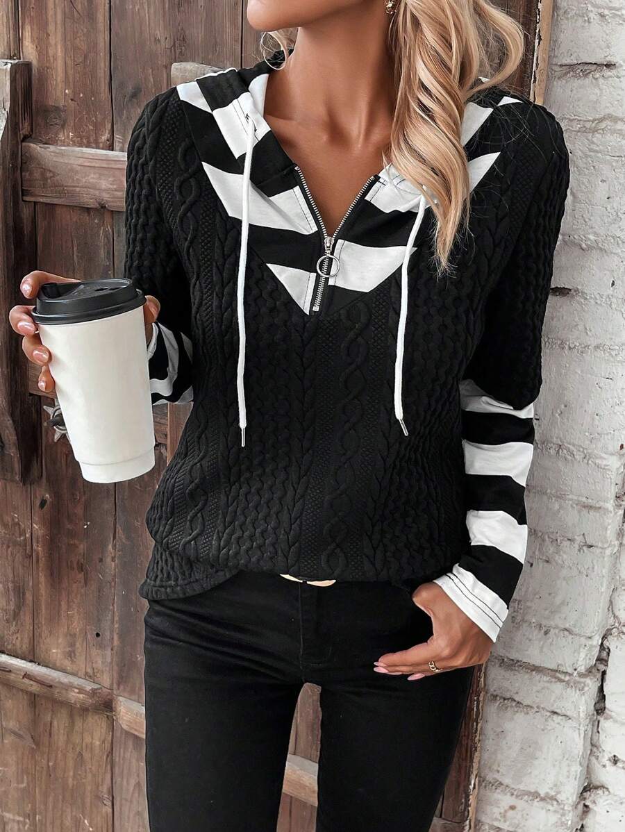 SHEIN LUNE Khối màu Sọc Tay áo dài Áo nỉ - Đen và trắng - Xem 1