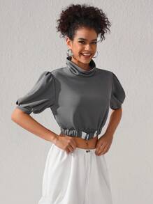 Brittney Do Designer Women's Solid Color High Collar Puff Sleeve Cropped Sweatshirt With Elastic Hem, For Summer, Holiday, Winter, Vacation - Grey - View 6