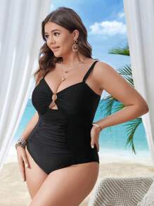 SHEIN Swim Vcay 大尺碼連身泳衣,帶有圓形口音和鏤空細節嘉年華 - 黑色 - 查看 5