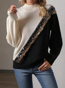 SHEIN LUNE 撞色亮片拼布立領毛衣 - 黑色 - 查看 3