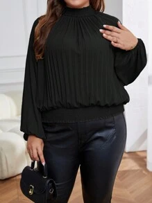 SHEIN Privé Women'S Plus Size Solid Color Round Neck Lantern Sleeve Blouse - Black - View 3