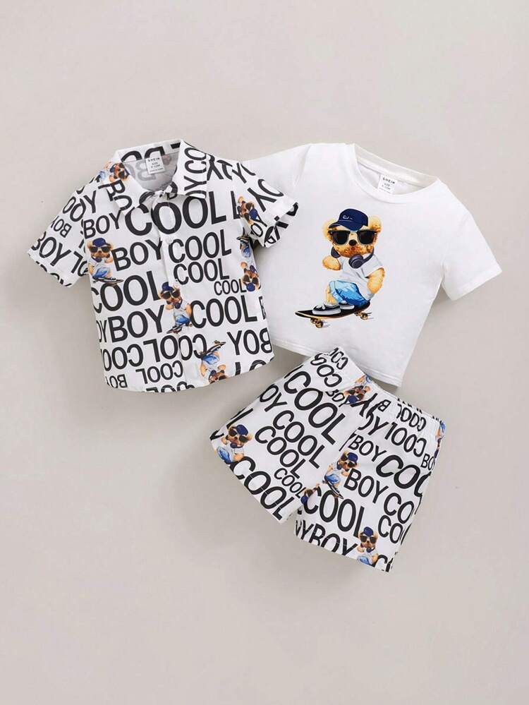 3pcs/Set Baby Boys' Letter Embellished Short Sleeve Top, Shorts And T-Shirt