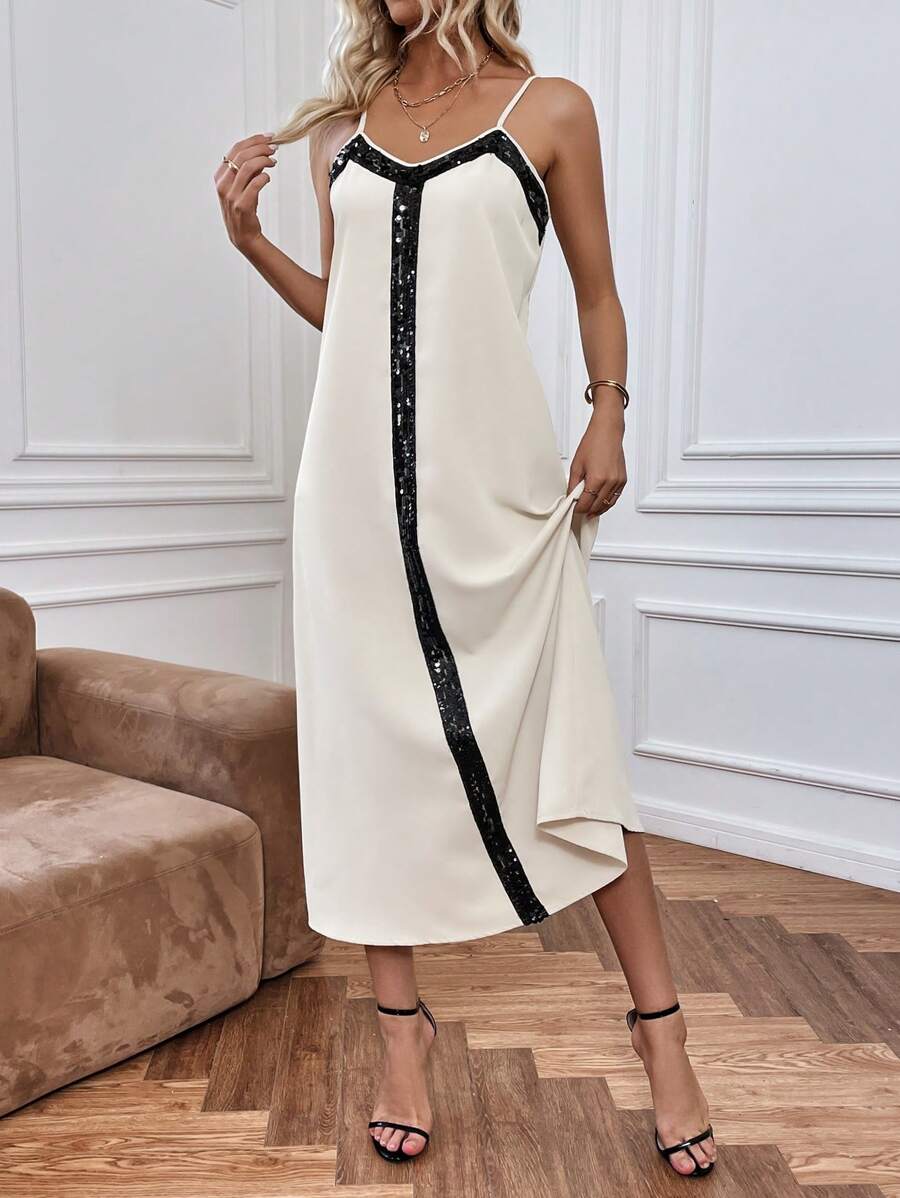 SHEIN Clasi Women's Sequin Patchwork Spaghetti Strap Dress - Apricot - View 1