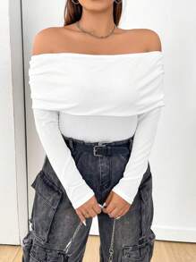 Flirla Plus Size Women's Solid Color Off Shoulder Top - White - View 4