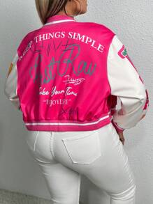 Slaydiva 大尺碼文字條紋拼接棒球夾克 - 玫紅色 - 查看 2