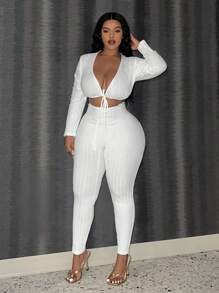 Slaydiva 女士加大號深v領綁帶空心連體褲 - 白色 - 查看 5