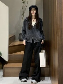 女深灰色水洗仿舊連帽運動衫夾克 - 深灰色 - 查看 7