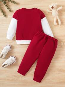 Conjunto De Sudadera Con Cuello Redondo Y Pantalón De Bloques De Color Para Bebé Niño - Burdeos - Ver 2