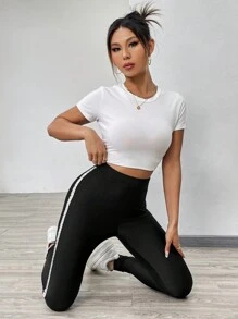 SHEIN Essnce 側邊對比流光打底褲 - 黑色 - 查看 5