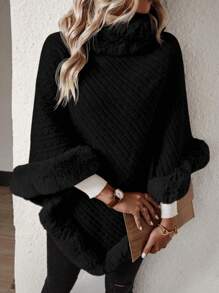 SHEIN Clasi Solid Color High-Neck Plush Patchwork Batwing Sleeve Sweater - Black - View 1