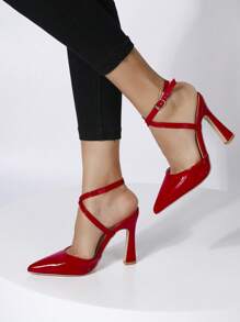 Women's Red Patent Leather Pointed Toe High Heel Pumps - Red - View 3