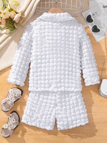 SHEIN Nhỏ bé Cô gái Nút Lên Tay áo dài Áo Và Bộ quần short - trắng - Xem 2