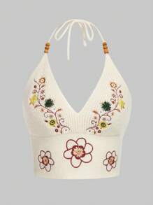 ROMWE Hippie Women's Floral Embroidery Halter Knit Top - Apricot - View 1