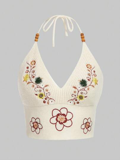 Hippie Women's Floral Embroidery Halter Knit Top
