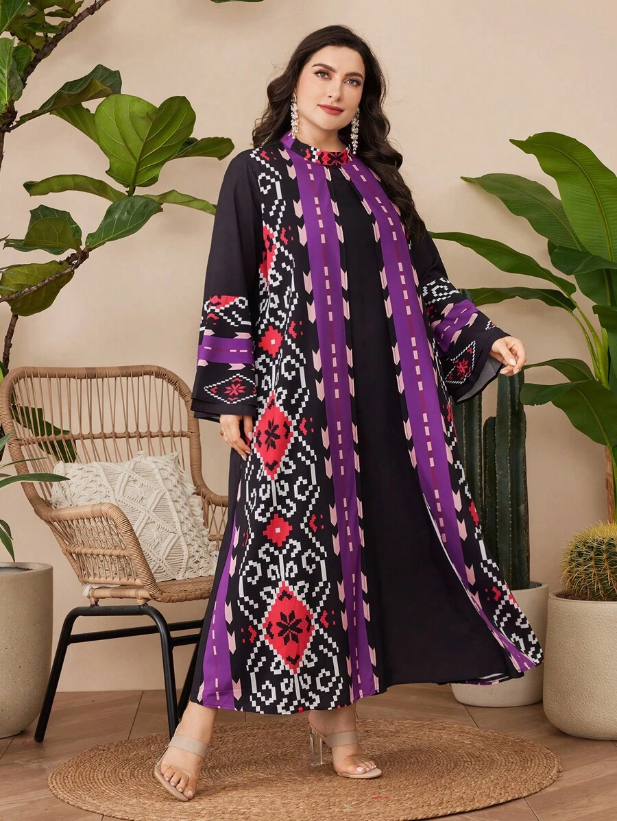 Al Najma Plus Size Geometric Print Bell Sleeve Dress