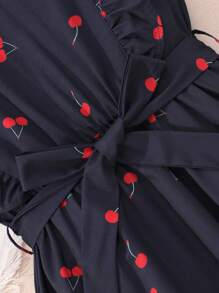Teenage Girls' Cherry Print Navy Blue Belted Dress