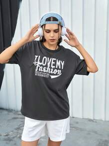 Street Sport Slogan Printed Round Neck Drop Shoulder Sleeve Sports T-Shirt - Black - View 6