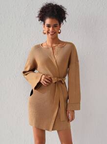 Queen Is The Title Colorblock Round Neck Open Front Drop Shoulder Cardigan - Camel - View 7
