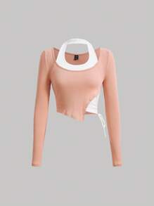 SHEIN MOD Women's Contrast Color Asymmetrical Hem Halter Neck T-Shirt