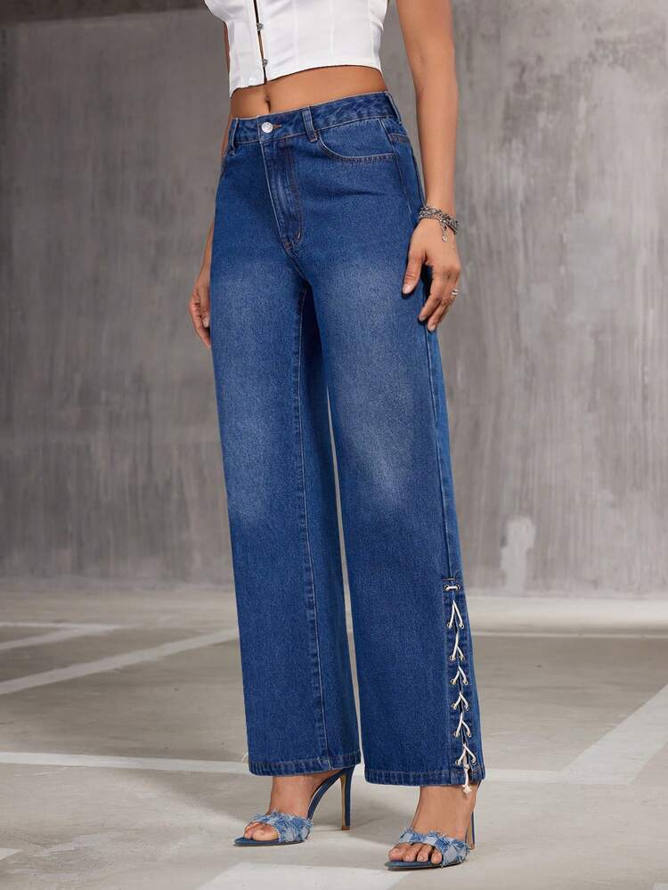 Lace-Up Hem Water Wash Denim Jeans