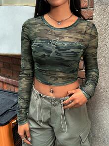 SHEIN EZwear Camouflage Knitted Ladies Top With Rhinestone Decor - Multicolor - View 5